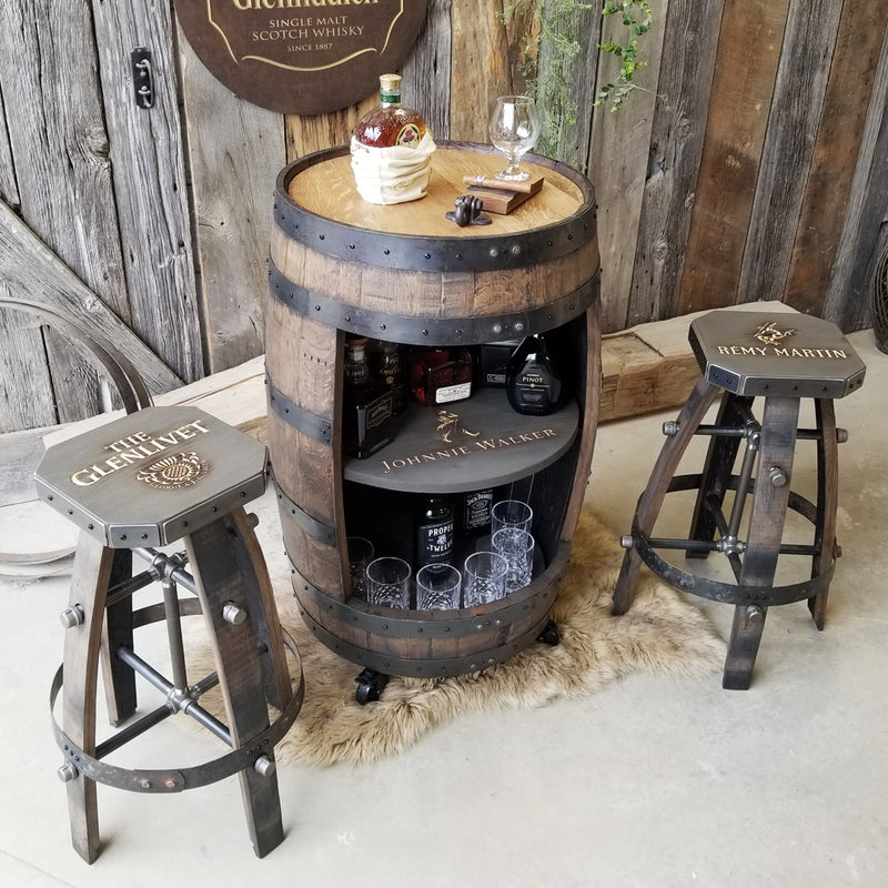 Whiskey Barrel Movable Cabinet + 2 Stool's Bar Kit – Custom Engraved Logo's - Whiskey Full Barrel Liquor Cabinet