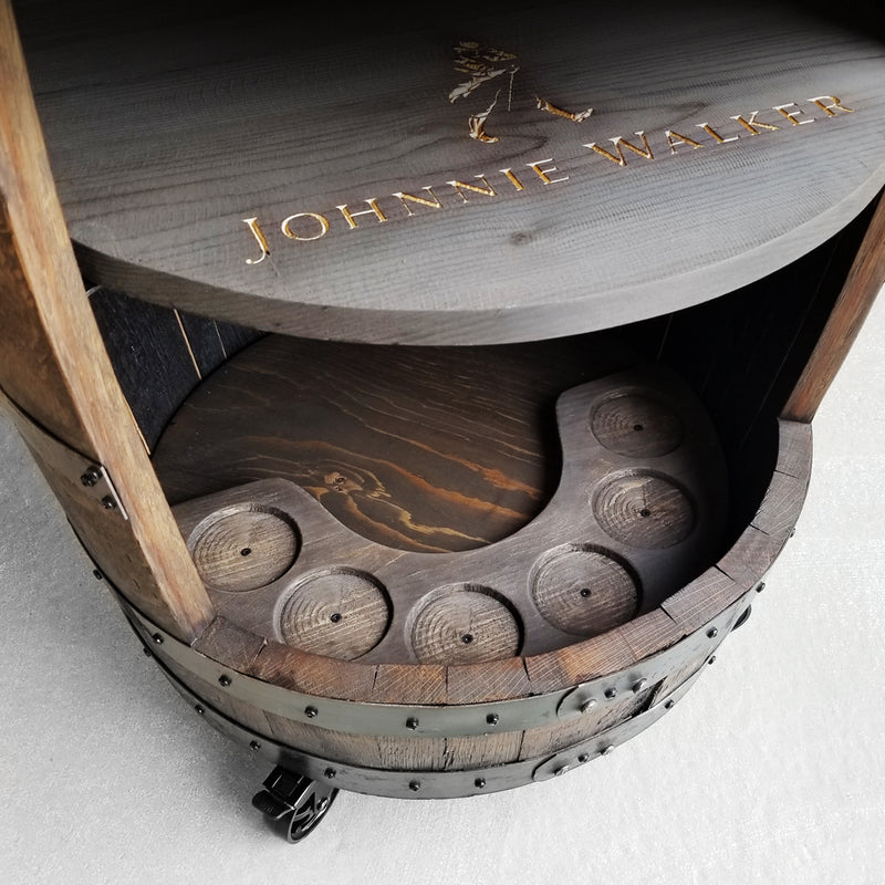 Whiskey Barrel Movable Cabinet + 2 Stool's Bar Kit – Custom Engraved Logo's - Whiskey Full Barrel Liquor Cabinet