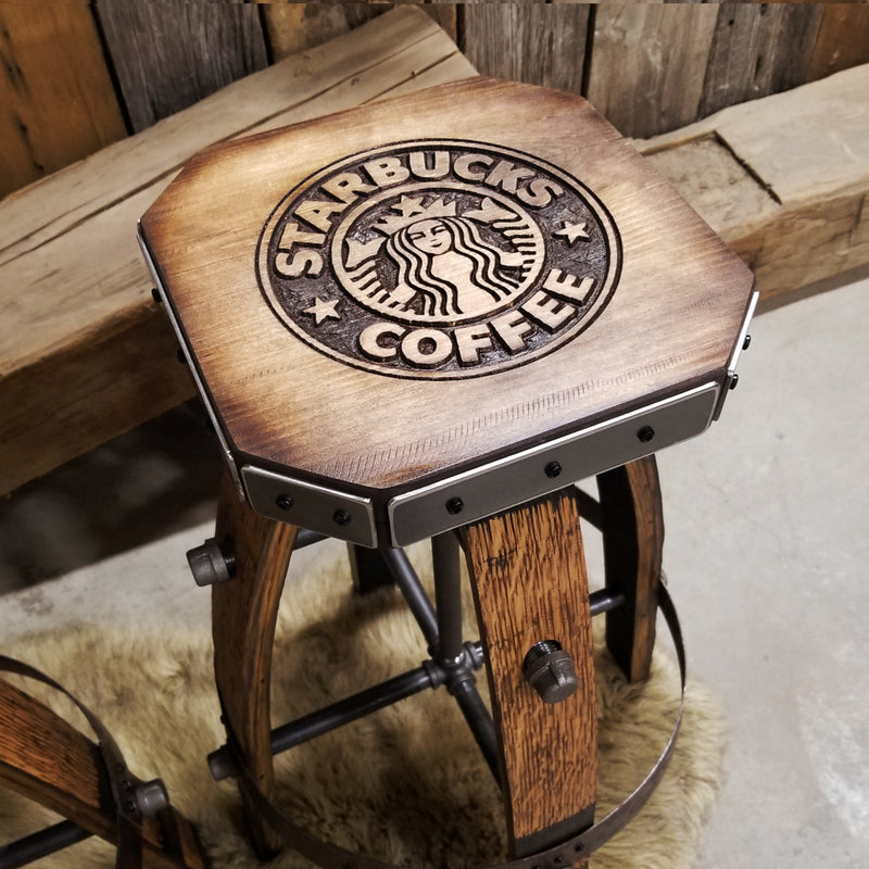 Whiskey Barrel - Custom (Metal & wood - Tan) Whiskey Barrel Bar Stool - Chair - Seat - Mancave - Bar - Stools - Bar stools