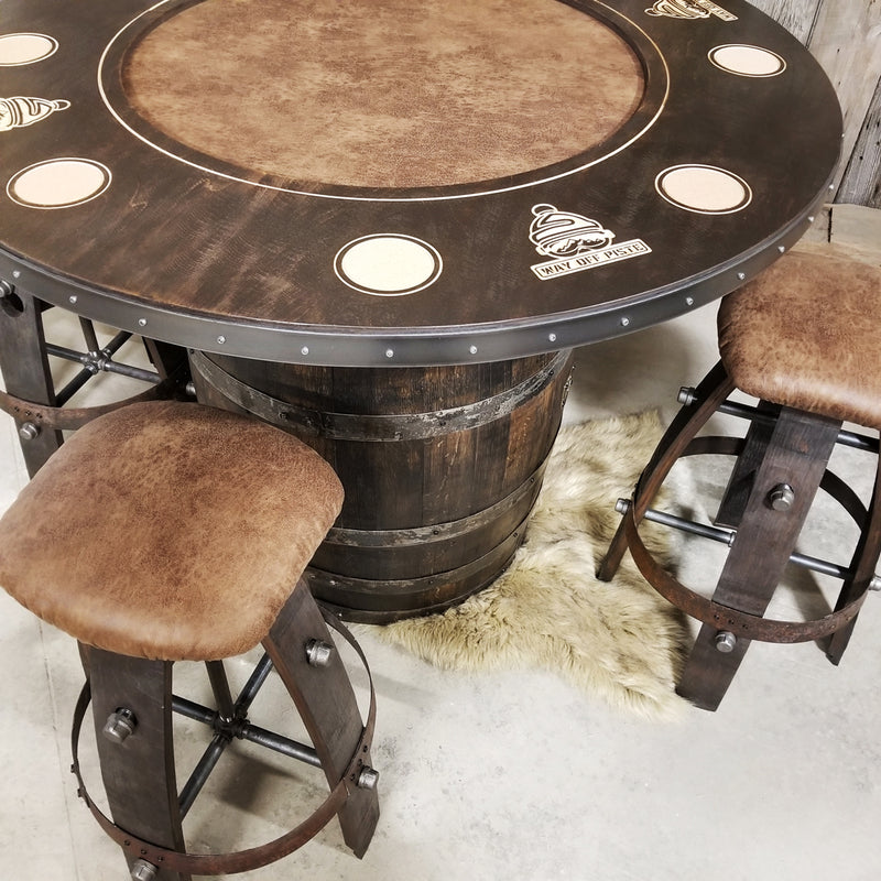 Whiskey Barrel - Poker Whiskey Barrel Table (Custom logo of your choice) - Rustic Personalised Poker Gambling Poker Table - Mancave