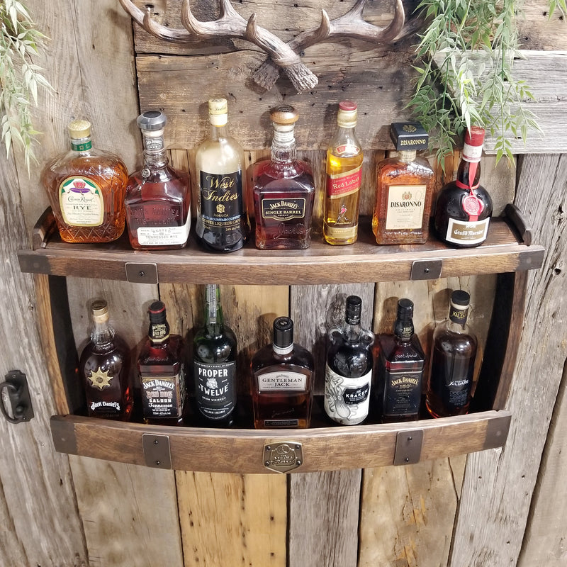 Whiskey Barrel Shelve Display - Whiskey Liquor Rack - Liquor Cabinet - Whiskey Collector - Wall Bourbon Two Shelves - Whiskey Bottle Shelves