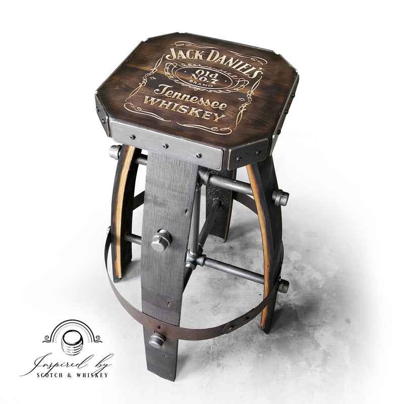 Custom Whiskey Barrel Bar Stool Metal Wood Expresso Finish for Home Bar Mancave