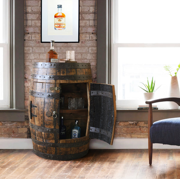 Whiskey Barrel - Half Barrel Cabinet - Whiskey Barrel Liquor Cabinet - Barrel Bar - Whiskey Barrel Liquor Bar - Man Cave - Rustic Whiskey Barrel Bar