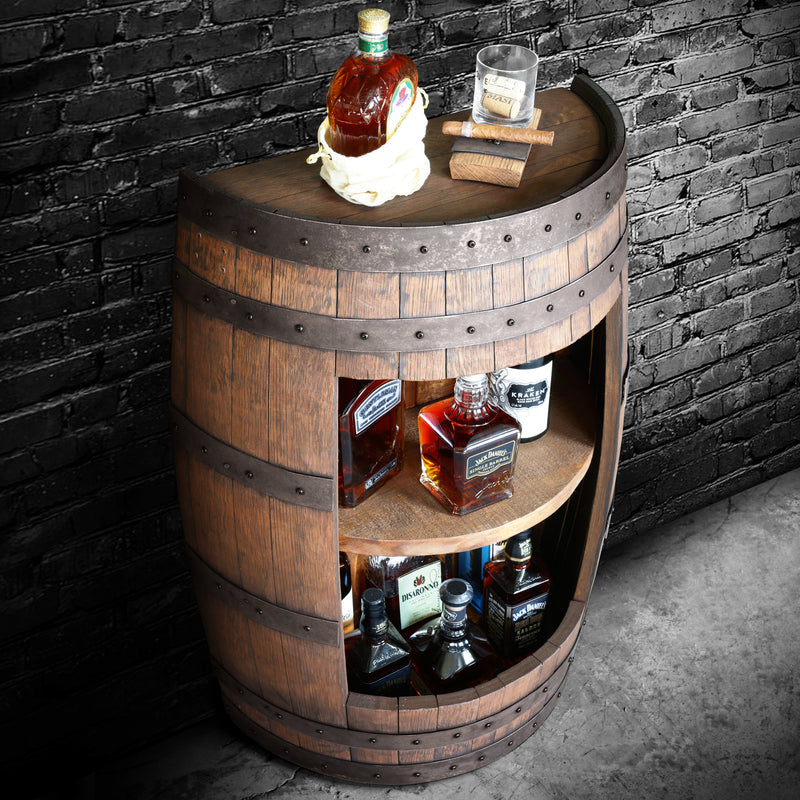 Tonneau de whisky - Armoire ouverte demi-baril - Armoire à liqueurs en fût de whisky - Barrel Bar - Bar à liqueurs en fût de whisky - Man Cave - Bar en fût de whisky rustique