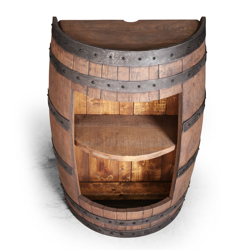 Whiskey Barrel - Half Barrel Opened Cabinet - Whiskey Barrel Liquor Cabinet - Barrel Bar - Whiskey Barrel Liquor Bar - Man Cave - Rustic Whiskey Barrel Bar