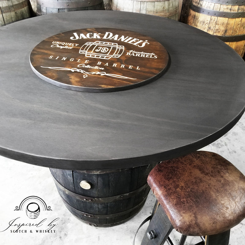 Whiskey Barrel - Expresso Barrel Table 48'' (Custom Logo) - Bar - Mancave - Whiskey Barrel table - Handcrafted From A Reclaimed Whiskey Barrel