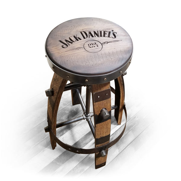 1- Tabouret de bar Whiskey Barrel - Tabouret Logo personnalisé (Métal &amp; bois - Rond) Tabouret de bar Whiskey Barrel - Chaise - Siège - Mancave - Bar - Tabourets - Tabourets de bar - Chaise de bar - Bois de chêne
