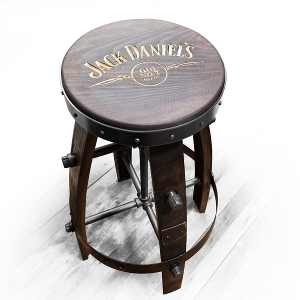 1- Tabouret de bar Whiskey Barrel - Tabouret Logo personnalisé (Métal &amp; bois - Rond) Tabouret de bar Whiskey Barrel - Chaise - Siège - Mancave - Bar - Tabourets - Tabourets de bar - Chaise de bar - Bois de chêne