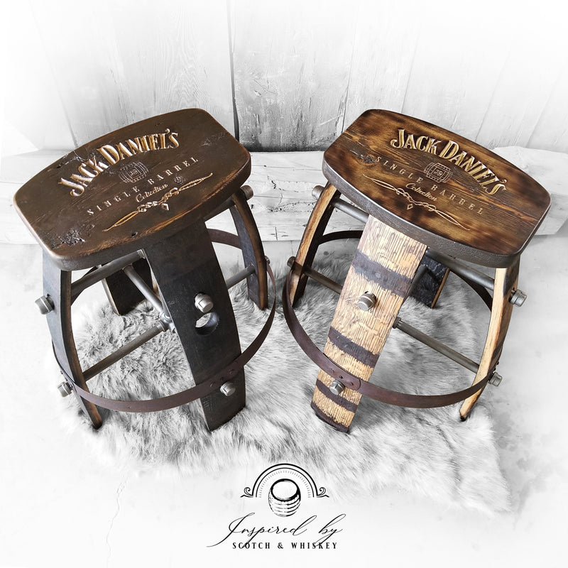 Whiskey Barrel - Custom (Whiskey Barrel & Barn Wood) Whiskey Barrel Bar Stool - Expresso / Tan Color - Chair - Seat - Mancave - Bar - Stools - Bar stools