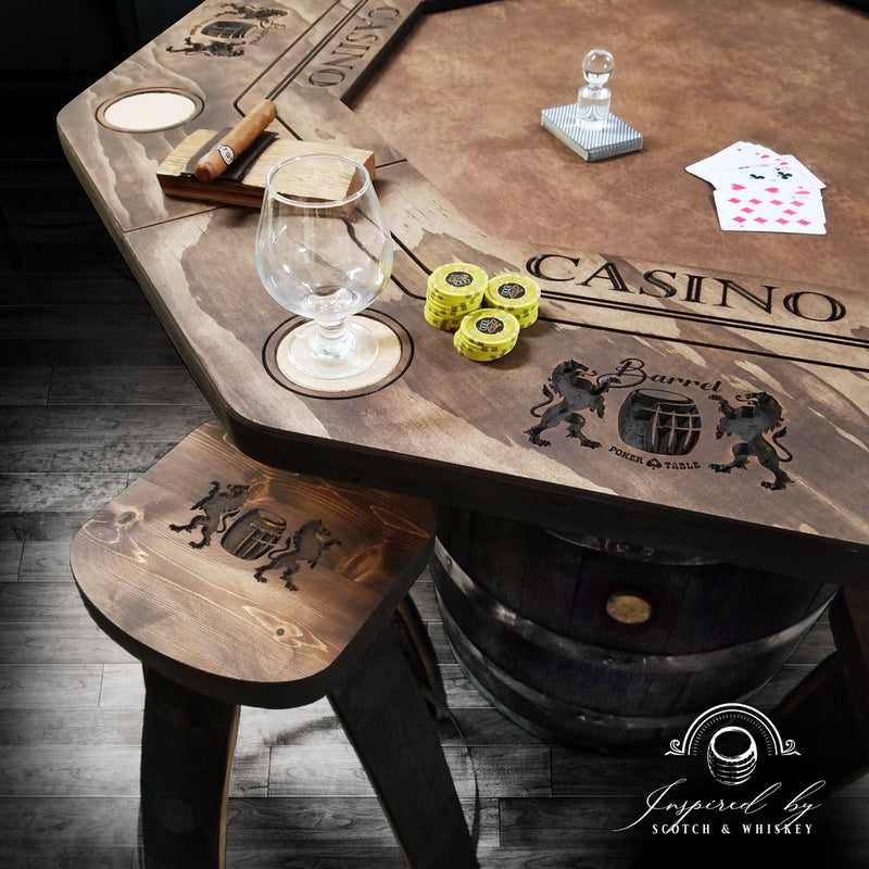 Whiskey Barrel - Poker Whiskey Barrel Table (Lion) - Bar Stools - Mancave - Rustic Poker Gambling