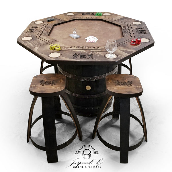 Whiskey Barrel - Poker Whiskey Barrel Table (Lion) - Tabourets de bar - Mancave - Rustic Poker Gambling