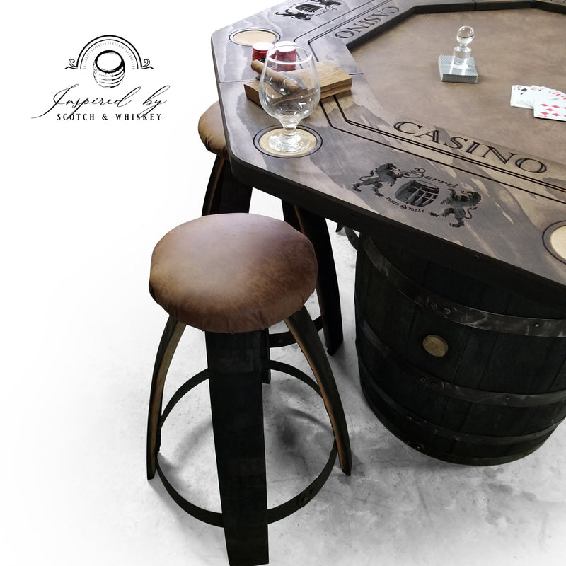 Whiskey Barrel - Poker Whiskey Barrel Table (Lion) - Bar Stools - Mancave - Rustic Poker Gambling