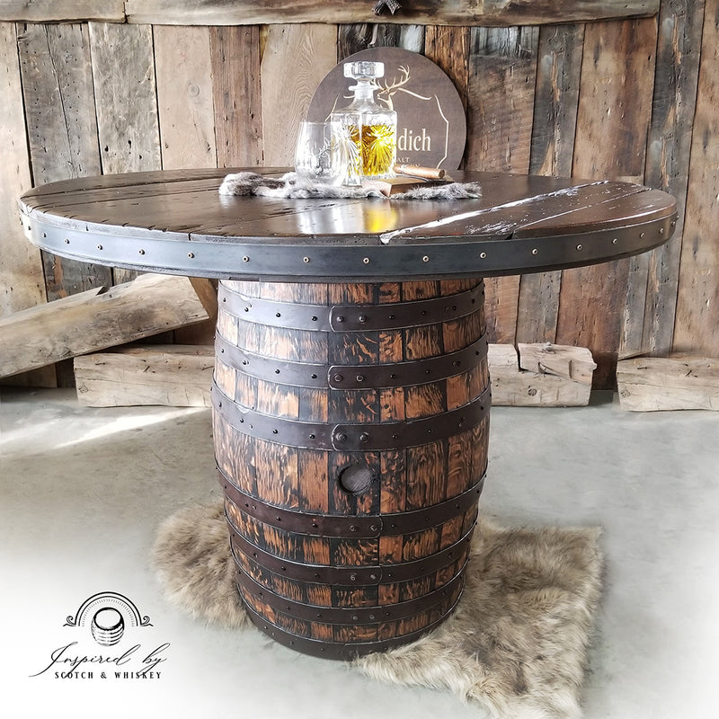 Whiskey Barrel - Whiskey Barrel 48" table bar - Bar - Mancave - Whiskey Barrel table - Handcrafted From A Reclaimed Whiskey Barrel and Barn wood