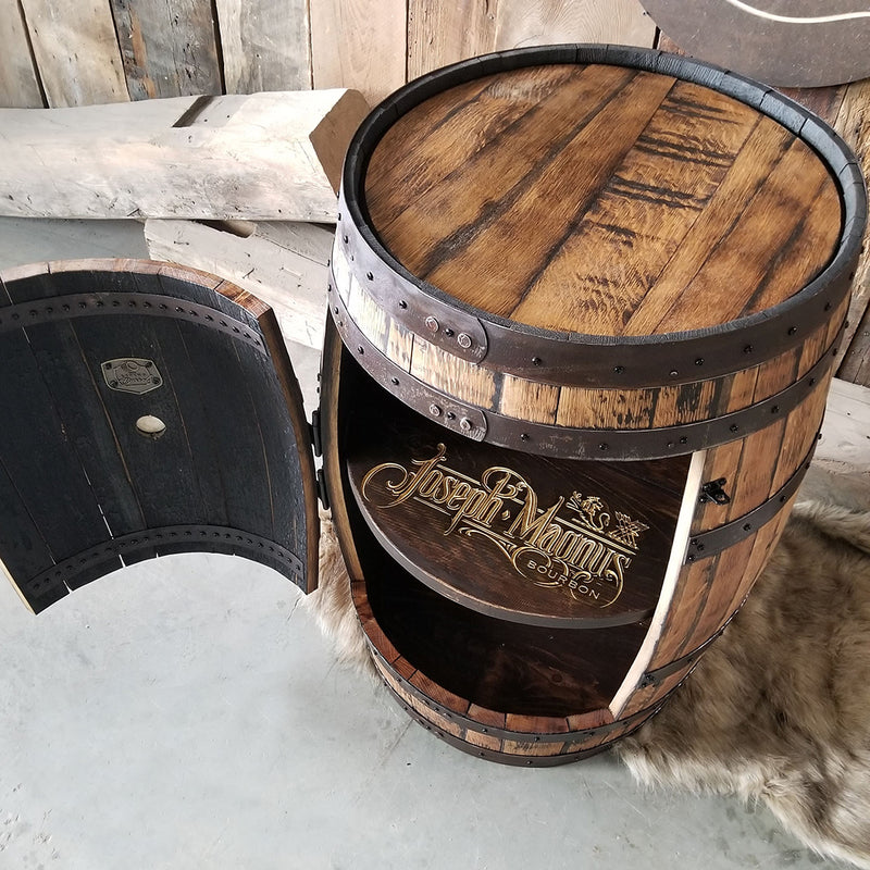 1 - Whiskey Barrel - One Door Barrel Liquor cabinet (Custom Logo on Shelf) Bar - Mancave - Whiskey Barrel table - Handcrafted From A Reclaimed Whiskey Barrel