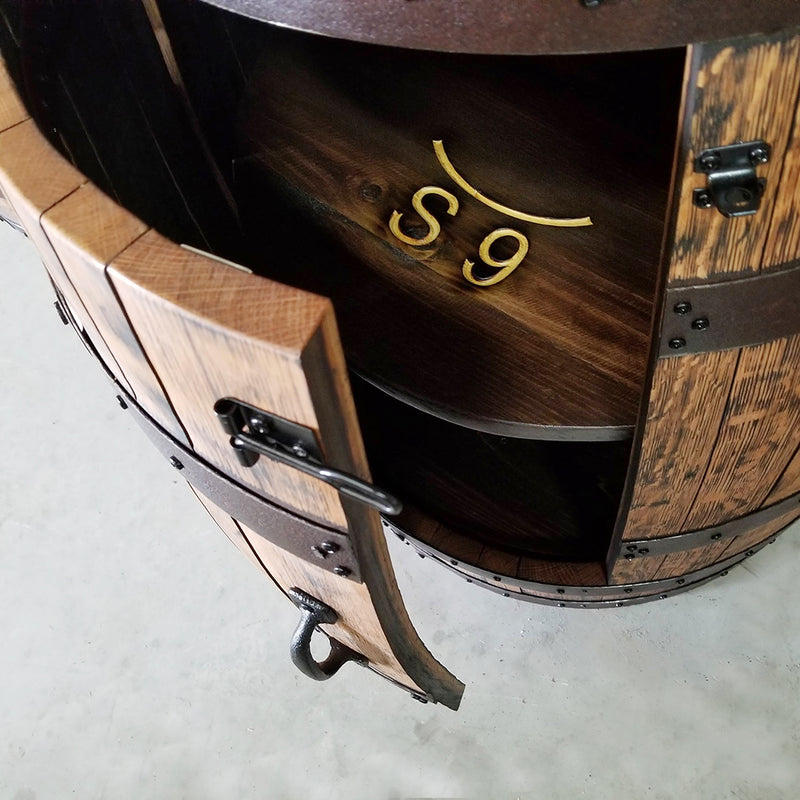 1 - Whiskey Barrel - One Door Barrel Liquor cabinet (Custom Logo on Shelf) Bar - Mancave - Whiskey Barrel table - Handcrafted From A Reclaimed Whiskey Barrel