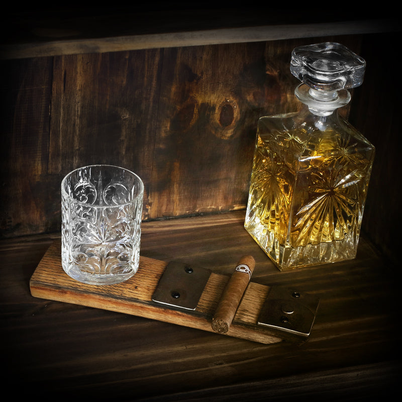 Whiskey Barrel Cigar Holder and Coaster - with Tasting Glass