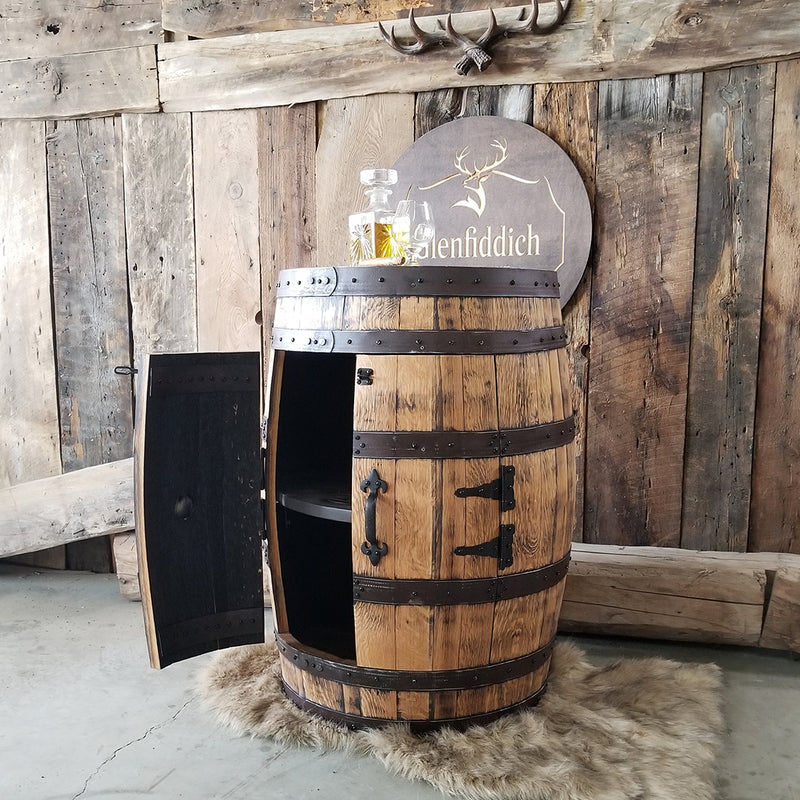 1 - Whiskey Barrel - Two Door Barrel Liquor cabinet (Custom Logo on Shelf)  - Bar - Mancave