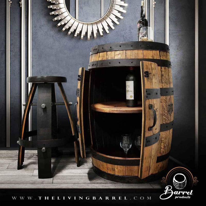 1 - Whiskey Barrel - Two Door Barrel Liquor cabinet (Custom Logo on Shelf)  - Bar - Mancave